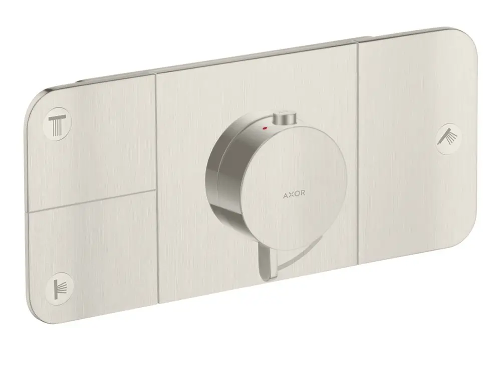 Thermostatmodul in Edelstahl-Optik mit Drehknopf und Symbolen für verschiedene Verbraucher, hergestellt von AXOR.